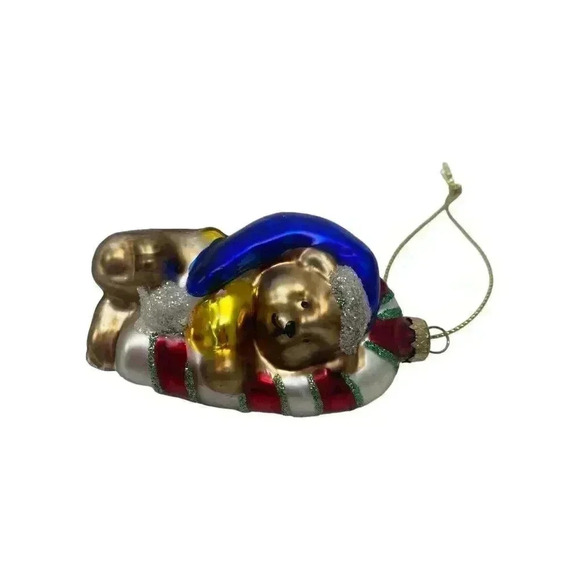 Teddy Bear Hugging Candy Cane Glitter Blown Glass Christmas Ornament - Picture 2 of 4